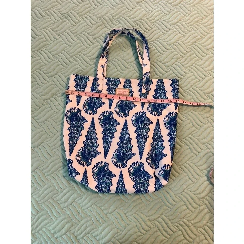 Lilly Pulitzer Estee Lauder Canvas Tote Bag Blue Teal Seashell‎ Print Beach Bag